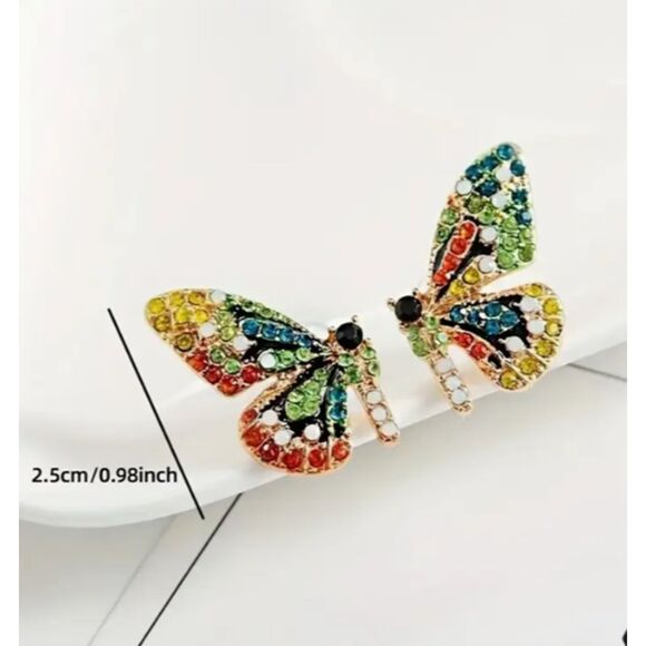 Split Colorful Rhinestone Butterfly Earrings One Wing Side on Each Ear - Picture 2 of 5